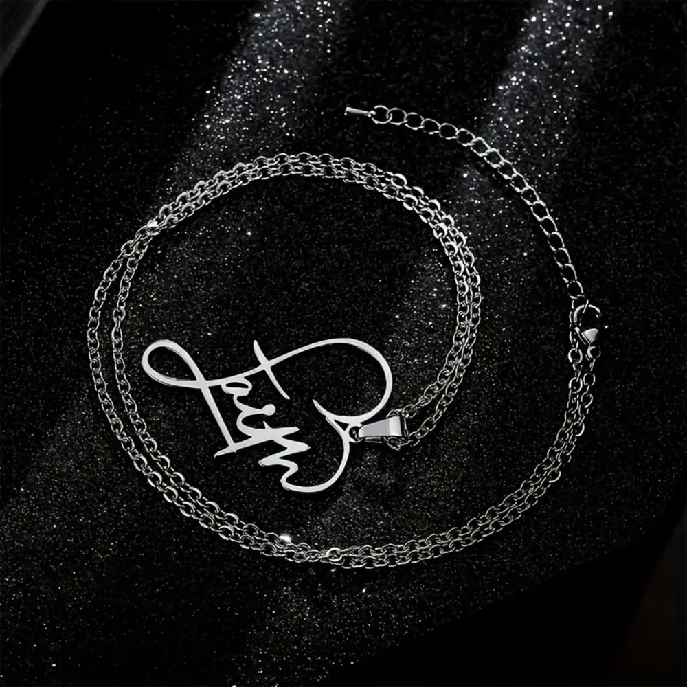 New Silver Stainless Steel Christian Faith Cursive Heart Minimalist Necklace - Picture 10 of 15